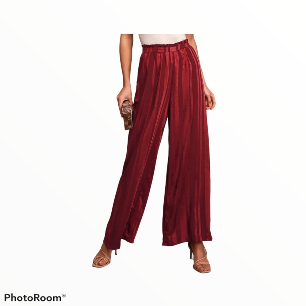 Lulu's Two Step Burgundy Striped Wide Leg Pants - Picture 1 of 13